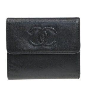 CHANEL CC Logo Bifold Compact Wallet Leather Black Spian